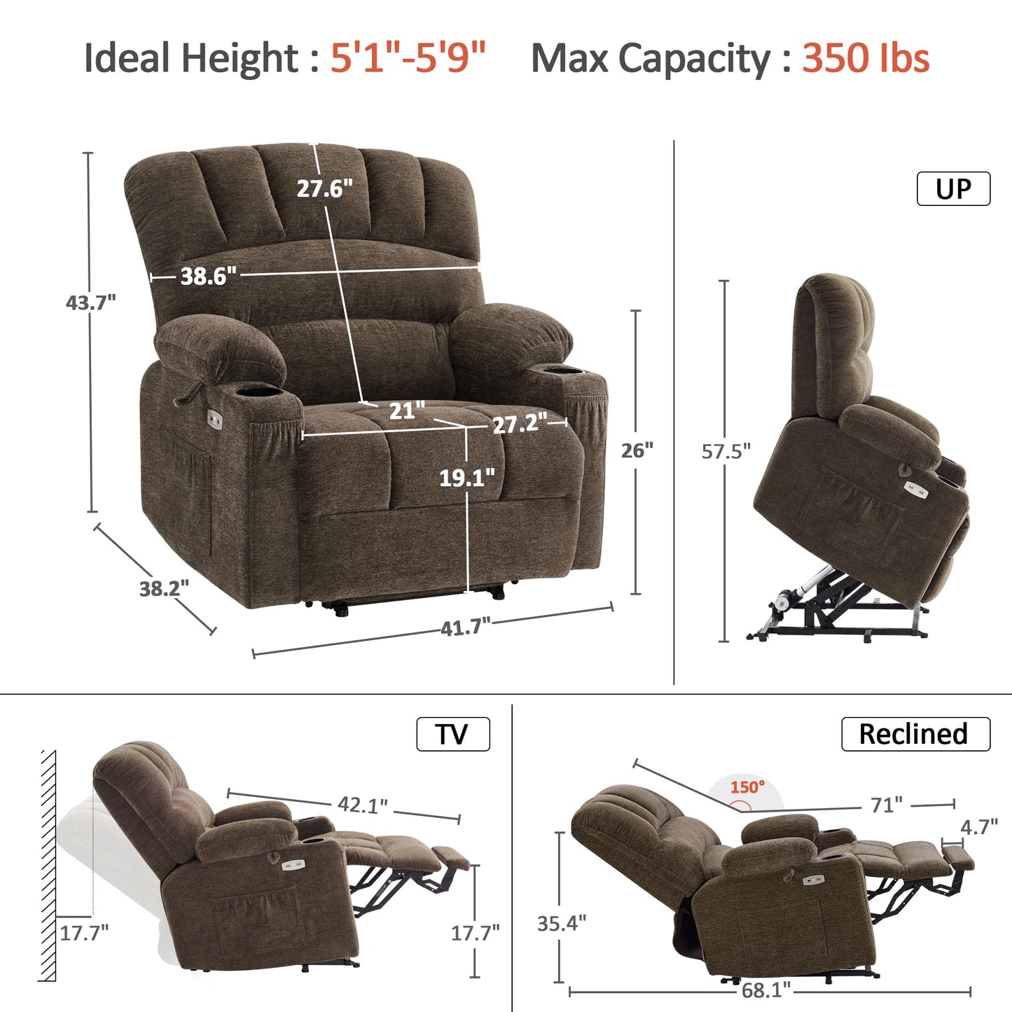 MCombo Power Lift Recliner Chair for Elderly, Lift Chair with Heat and Massage, Extra Wide Lift Recliner for Big People, Fabric R7096 (Medium-Wide, Coffee)