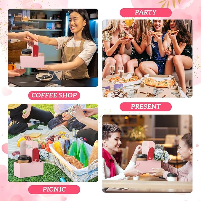 MotiMind 150 Pack Mother's Day 2 Cup Drink Carrier with Handle, Kraft Paperboard Teacher Cup Holder Portable for Hot Cold Drinks, Coffee Carrier Gift with Heart Card Rope (Pink)
