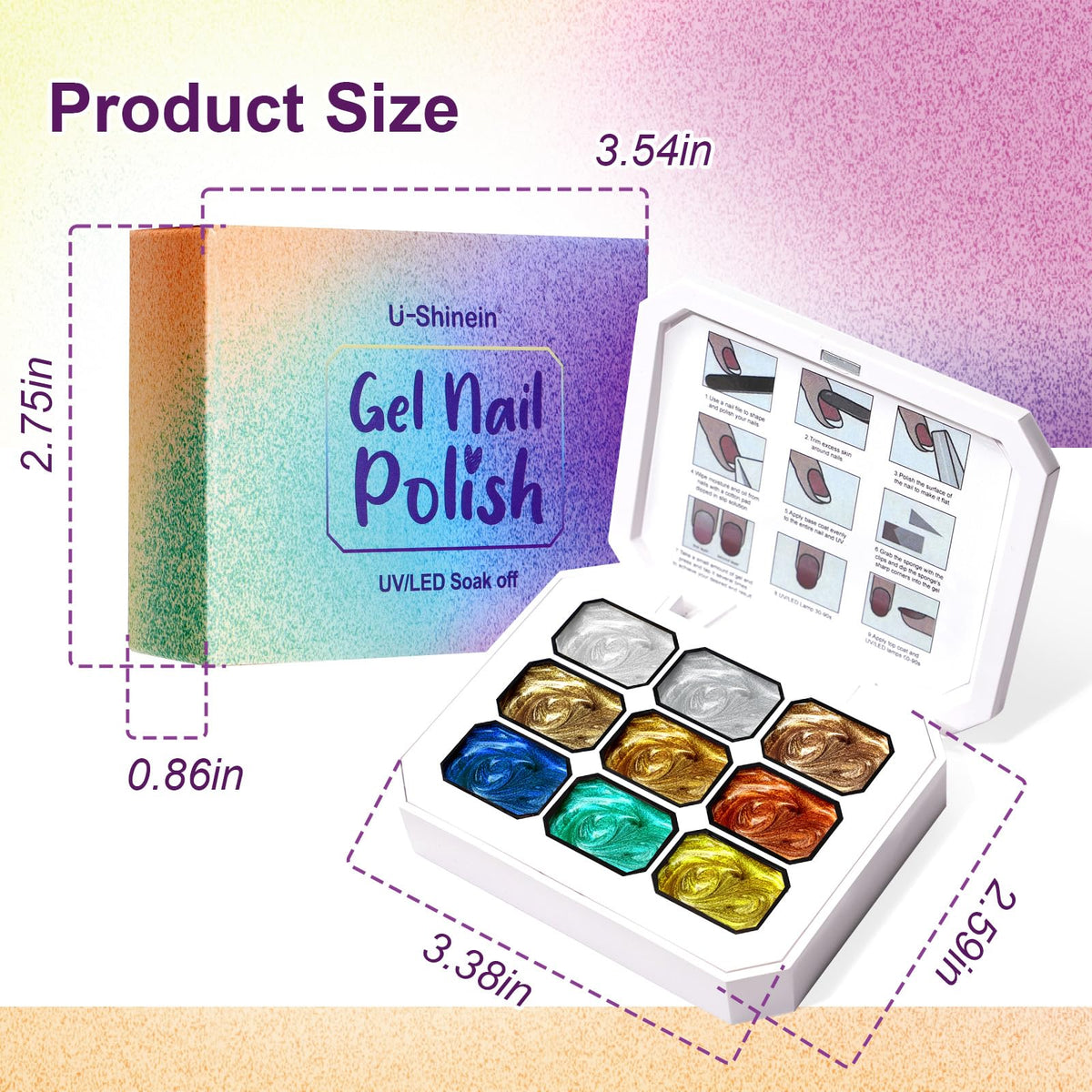 U-Shinein Gradient Painting Gel, 9 Colors Ombre Gel Nail Polish Gold Silver Metallic Effect Pigment Pat Aura Nails French Manicure Soak Off UV Long-lasting Home Salon DIY Nail Art Satin Metal(01)