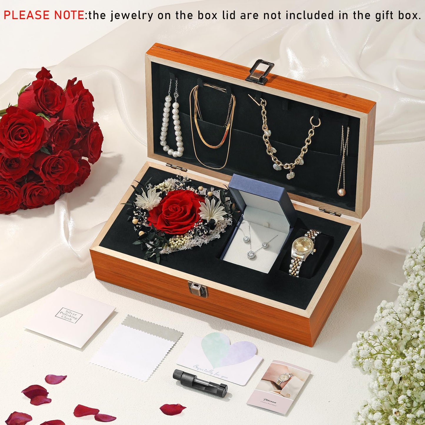 Birthday Gifts for Women-Preserved Roses Jewelry Set 925 Sterling Silver Necklace Earrings,Watches for Women,Wooden Jewelry Organizer-Mother’s Day, Anniversary,Thanksgiving,Christmas,Graduation Gifts (interior and LOVE words)