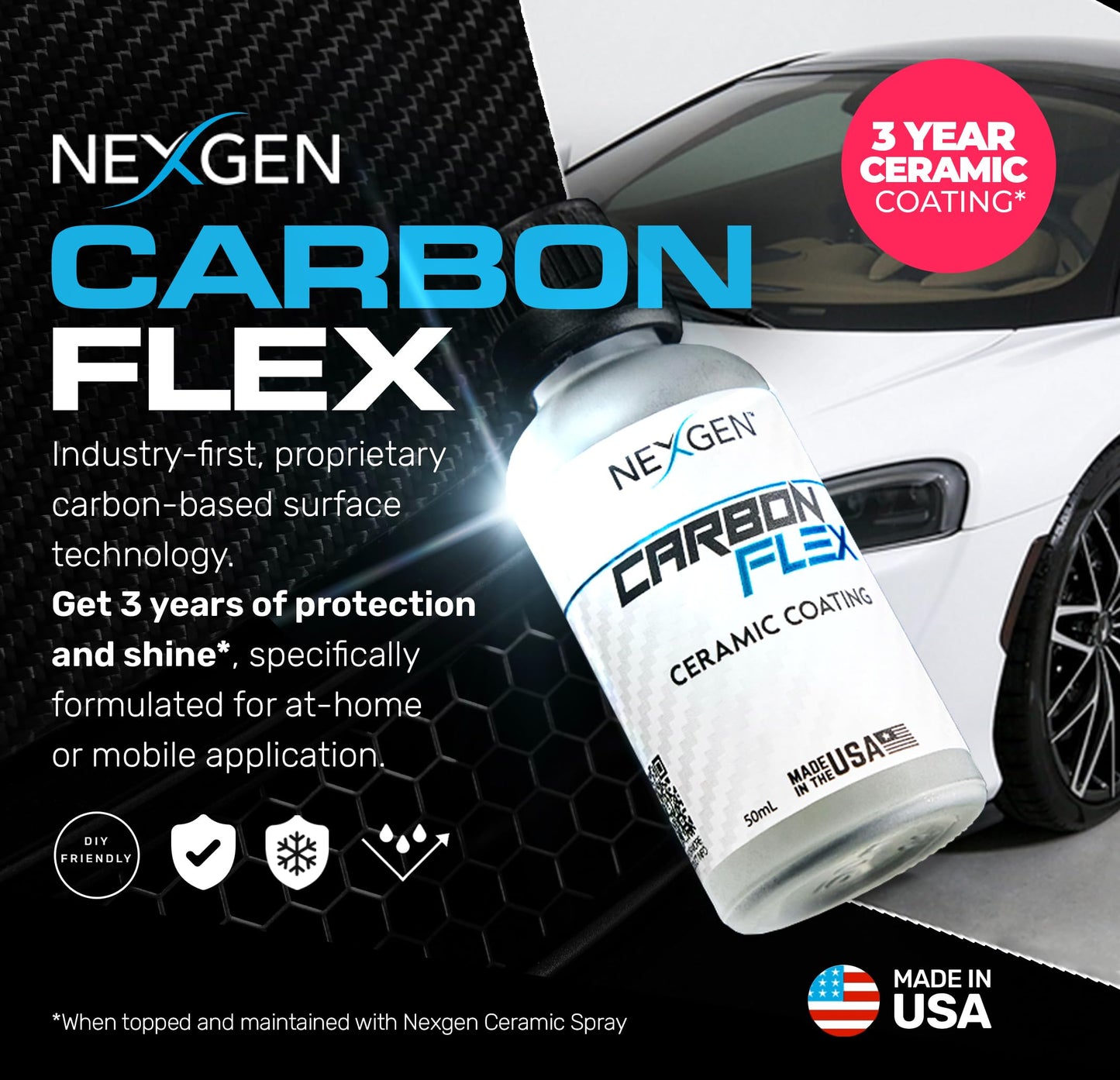 Nexgen Carbon Flex – Ceramic Coating Up to 3-Year - Professional Grade Nano Ceramic Coating for Cars - SIO2 Protection, UV & Chemical Resistant, High Gloss Finish for Paint and Glass - 50ml