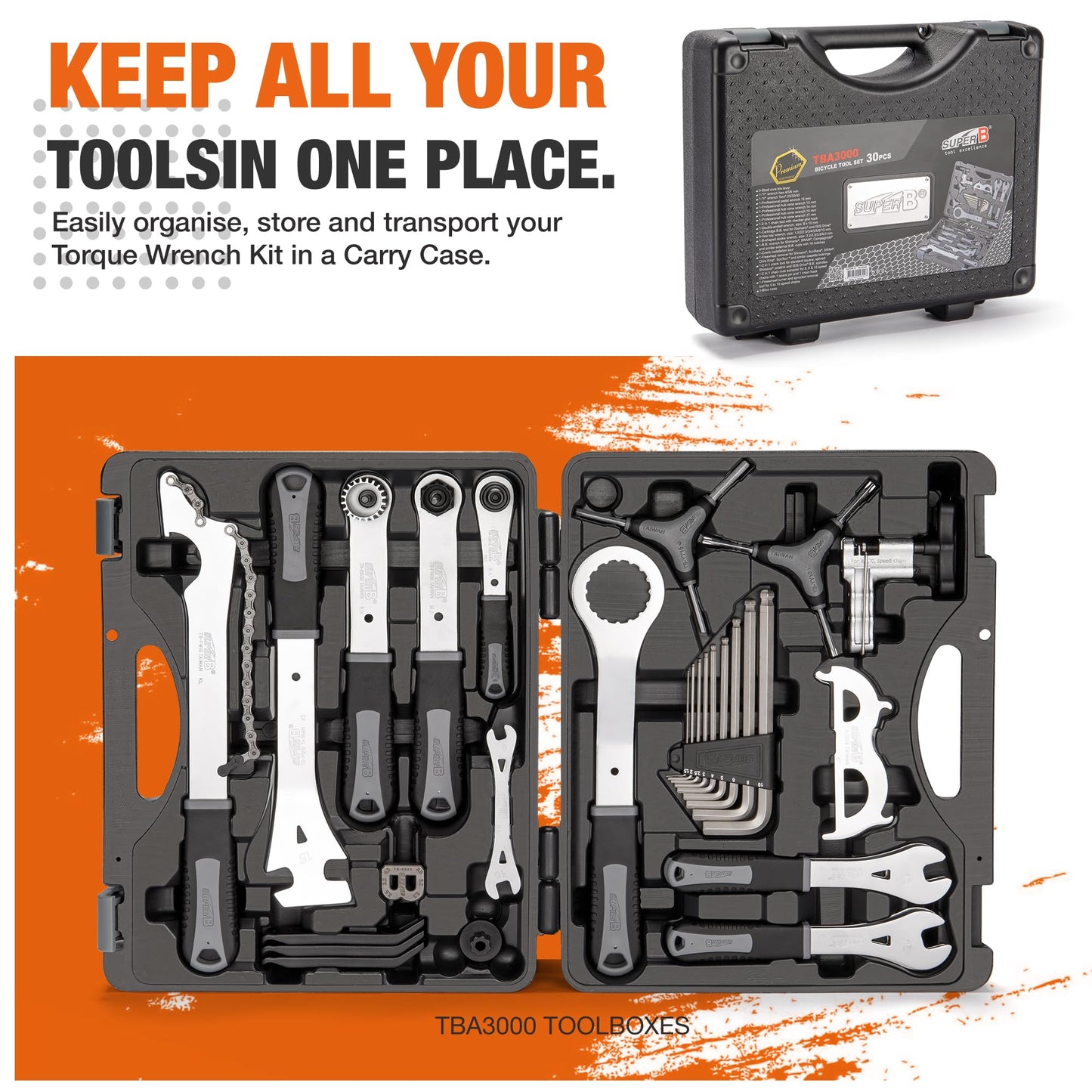 Super B 30 PCS Bicycle Tool Set - Bike Repair Kit with Carry Case - Bike Maintenance Tools for Road Bikes and Mountain Bikes, Repairing Tyres, Brakes, Chains, Pedal, Crank Puller(TBA3000)