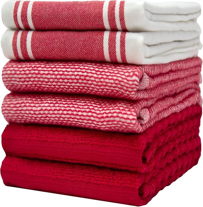 Premium Kitchen Towels (20âx 28â, 6 Pack) | Large Cotton Dish Towels | Flat & Terry Highly Absorbent Kitchen Linen Set with Hanging Loop | Wide Stripe Red