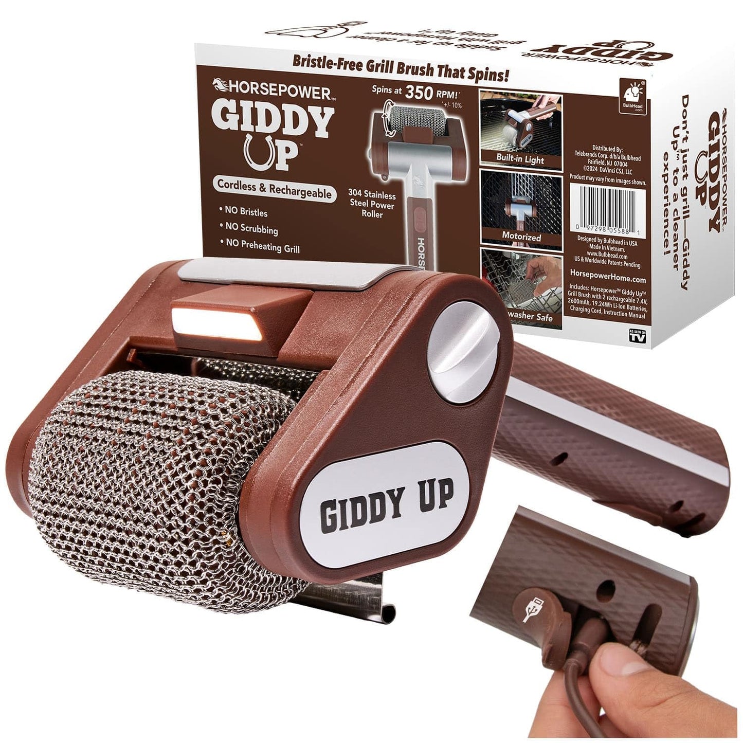 HorsePower Giddy Up Grill Cleaner AS SEEN ON TV! â Cordless, Rechargeable BBQ Tool with 350 RPM Stainless Roller, LED Light â Patents Pending â From BulbHead, a Family-Owned American Brand