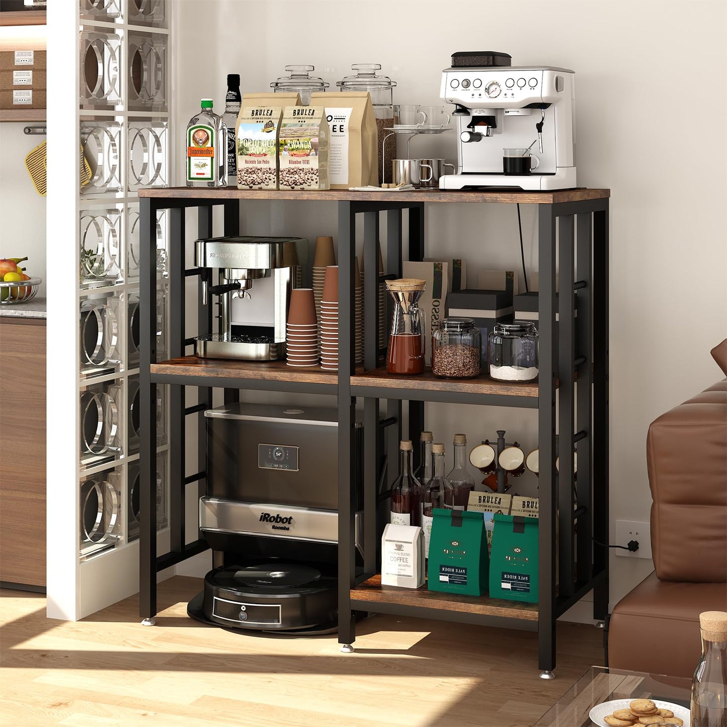 METYERRY Adjustable Kitchen Bakers Rack with Power Outlet,4-Tier Microwave Stand Kitchen Cart,Mini Fridge Stand with Storage,Bar Cabinet,Suitable for Office,Coffee Bar,Living Room,Patio,Rustic Brown