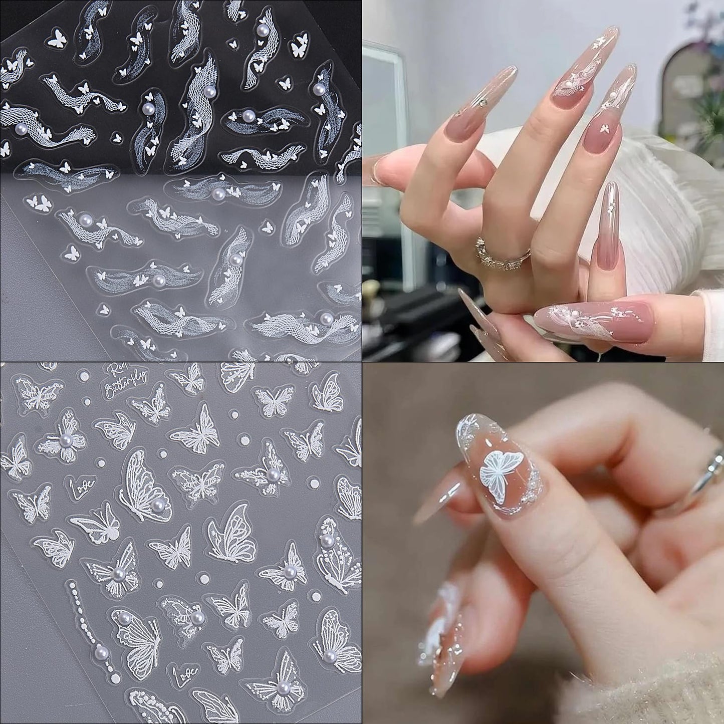3 Sheets White Bow Ribbon Nail Art Stickers Pearl Lace Rhinestone Embossed Nail Decals Butterfly Pearl Design Self-Adhesive Nail Stickers Women's Nail Art Supplies