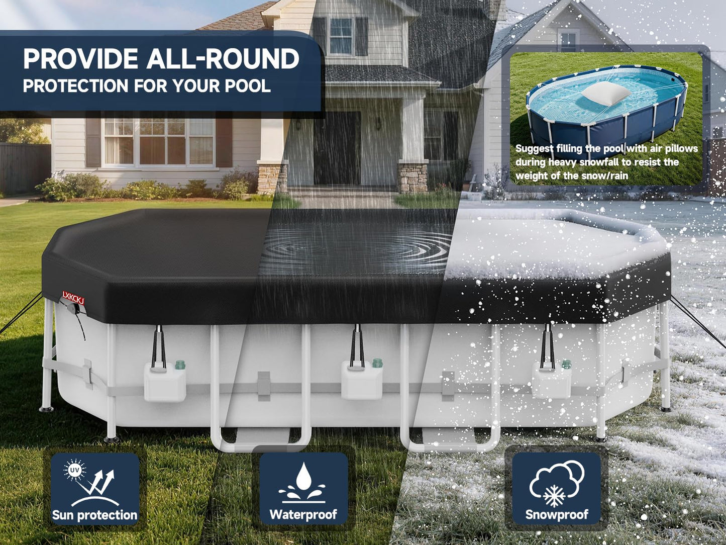 LXKCKJ 7x10 FT Rectangular Pool Cover for Above Ground Pool, Solar Oval Pool Cover Protector, Winter Pool Cover with Accessories Set Ideal for Cold and UV Resistant, Dustproof (Black)