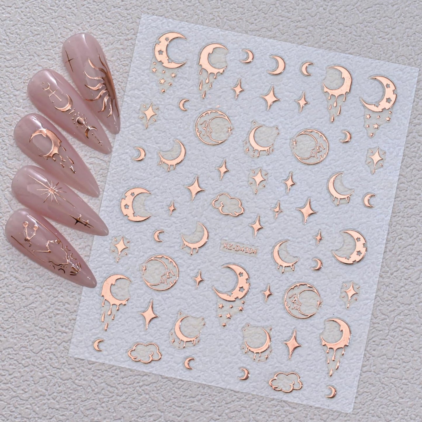 12 Sheets Rose Gold Nail Art Stickers, 3D Self-Adhesive Sun Moon Stars Designs Nail Sticker Acrylic Manicure Decals Decorations Accessory for Women Girls