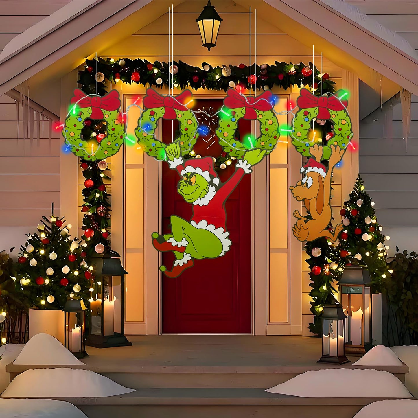 Outdoor Christmas Fence Decorations, 6Pcs Light Up Christmas Fence Peeker Signs Decor with LED String Lights for Yard Garden Lawn Fireplace, Tree Decoration