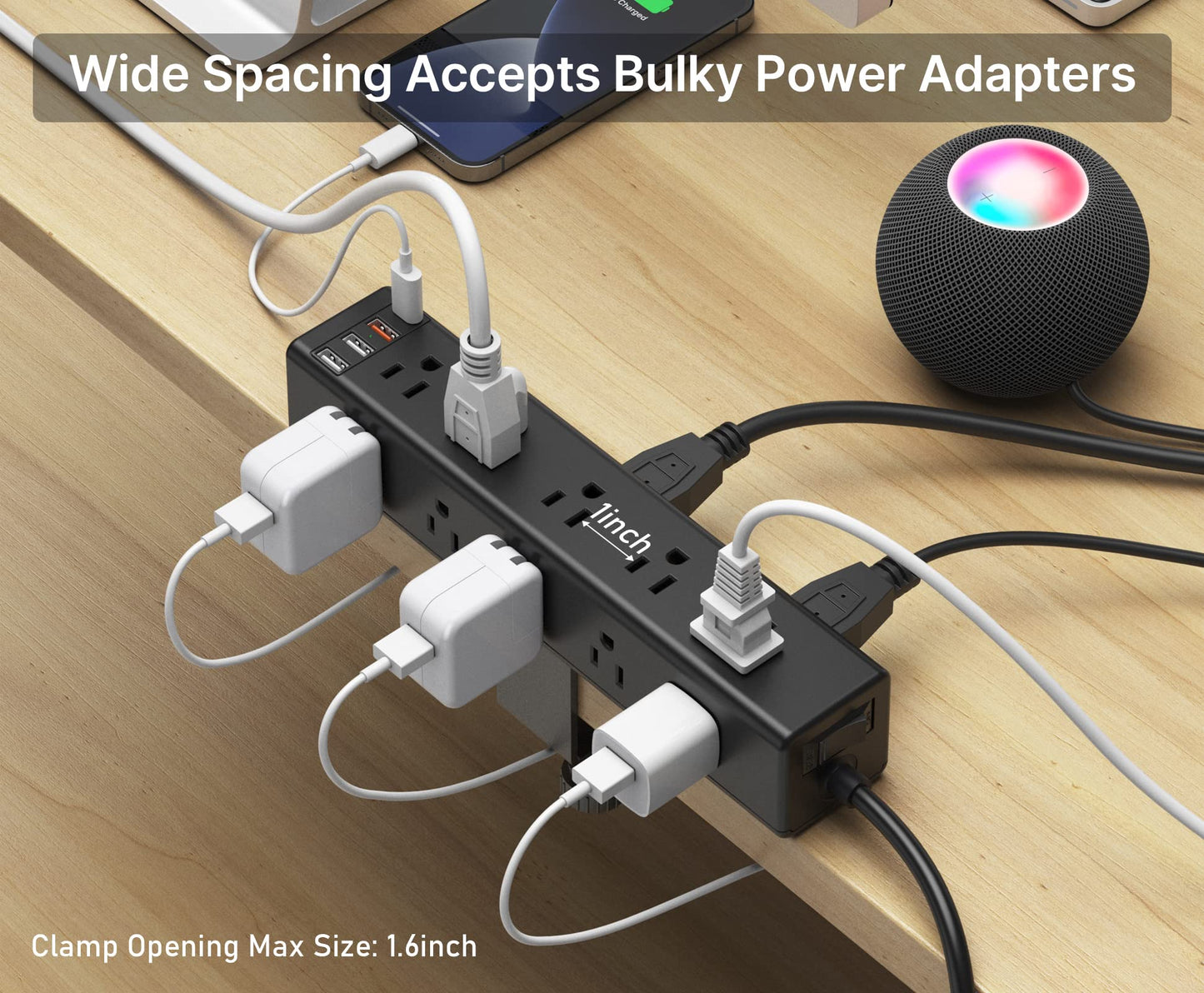 CCCEI Standing Desk Clamp Power Strip with 15 Outlets, Widely Spaced Desktop Edge Mount Surge Protector Outlet, Fast Charging USB-A and USB-C Ports, 6 FT Flat Plug, Black Fit 1.6 inch Table top.