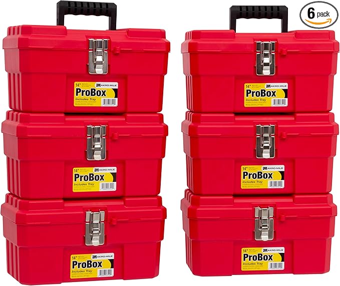 Akro-Mils 14-Inch Plastic Toolbox with Removable Tray, Steel Latch & Padlock Eye, Heavy Duty Tool Box for Tools, Crafts, First Aid & Hobby Supplies, 14" x 8" x 8", Made in USA, 6-Pack, Red (09514)
