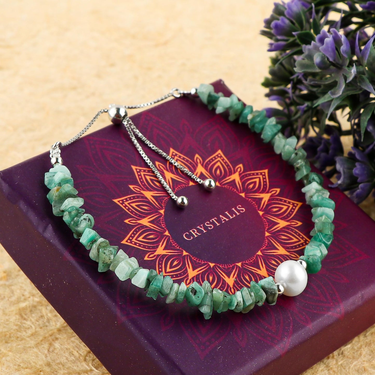 CRYSTALIS Natural Emerald Beads Slider Bolo Bracelet with Elegant Pearl, Uncut Chips Nuggets Crystals, Chakra Healing Gemstone, Women Jewelry, 925 Sterling Silver Slider 10 inch