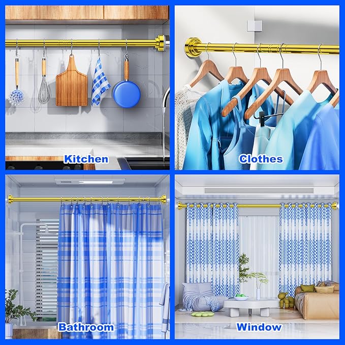 Ausemku Shower Curtain Rod - 32-104 Inch Rustproof Tension Rod, Non-Slip Spring Design, No Drilling Adjustable Curtain Rod for Bathroom, Kitchen, and Closet(Gold)