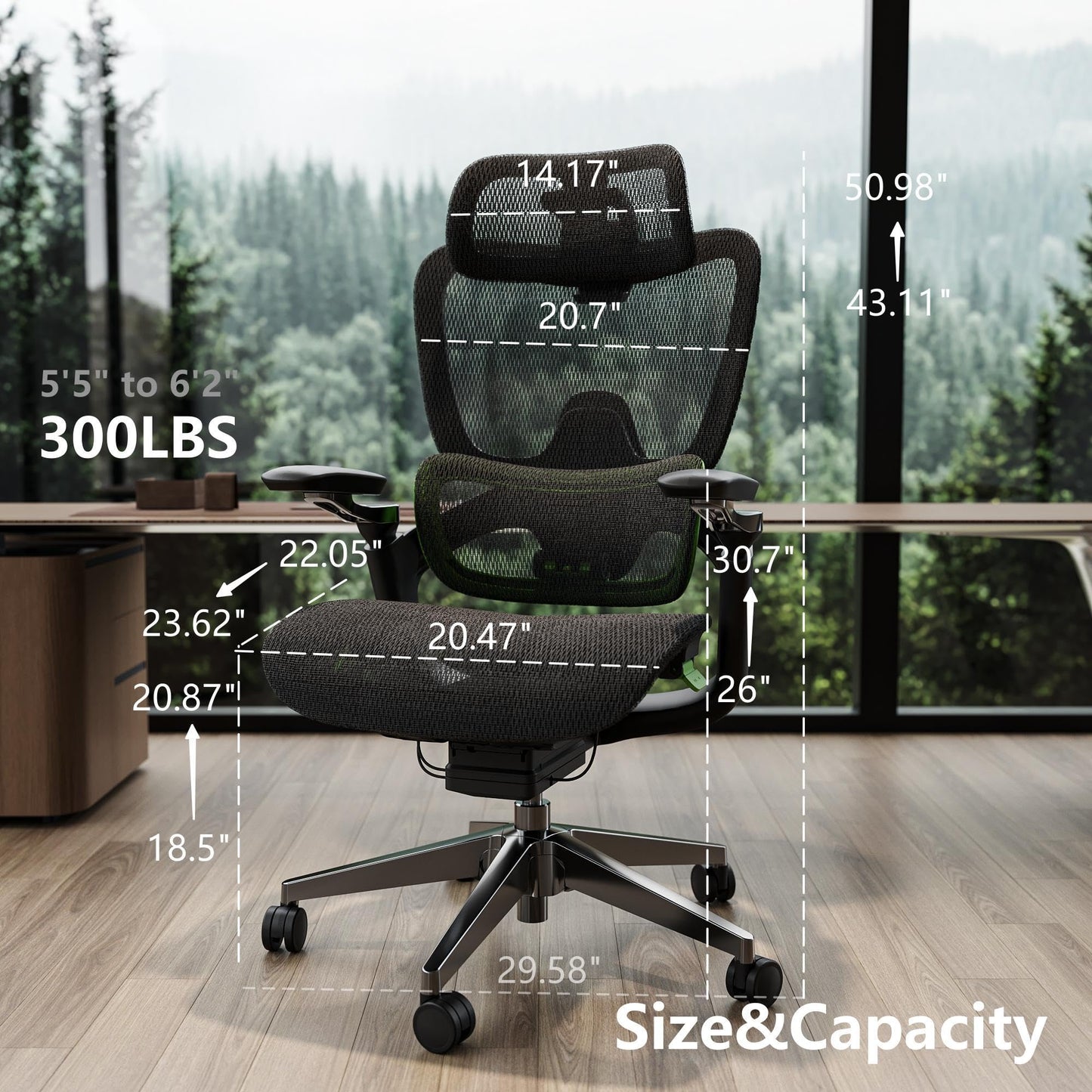 chirvana Ergonomic Office Chair, Mesh Home Office Desk Chair with Adaptive Lumbar Support, Gaming Chair with Headrest, 5D Armrest,90-130°Tilt, BIFMA Certified, Model Zen (Green)