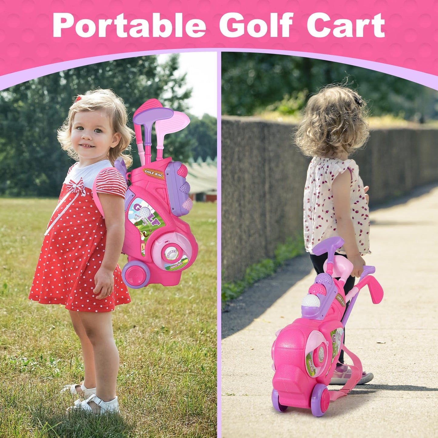 Jovizo Toddler Golf Set for Boys Girls 1 2 3 4 Years Old, Upgraded Kids Golf Cart with Putting Mat & Cornhole Board, Outdoor Indoor Sports Toys, Pink