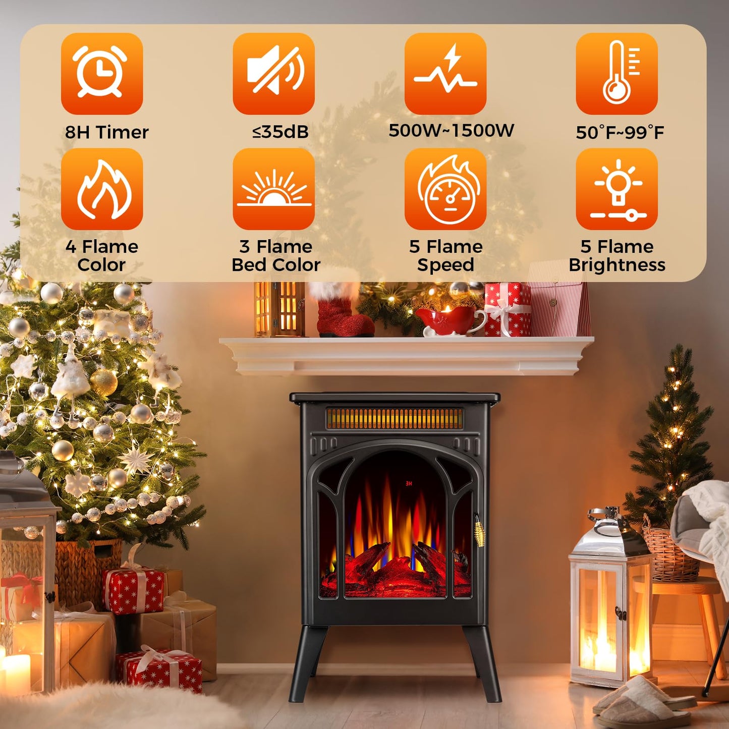 Electric Fireplace Stove, 1500W, Fast Heating, X Infrared Fireplace Heater with Remote Control, 8H Timer, Freestanding Stove with Adjustable 3D Flame Overheat Protection, Indoor Fireplace