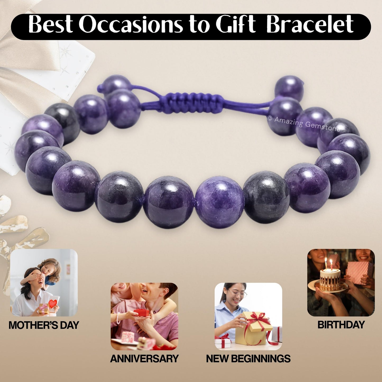 Amazing Gemstone Lepidolite Bracelet for Women Men's Gifts - Protection Healing Crystal Bracelet - 8mm Gemstones Beaded Adjustable Bracelet Pulseras Para Hombres Mujer Stocking Stuffers
