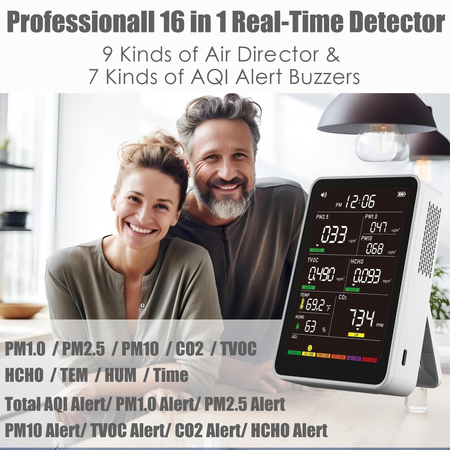 Professional Indoor Air Quality Monitor with AQI Alarms, Portable Real-Time Detector for Home Cars Plants and Pets (Cold White)
