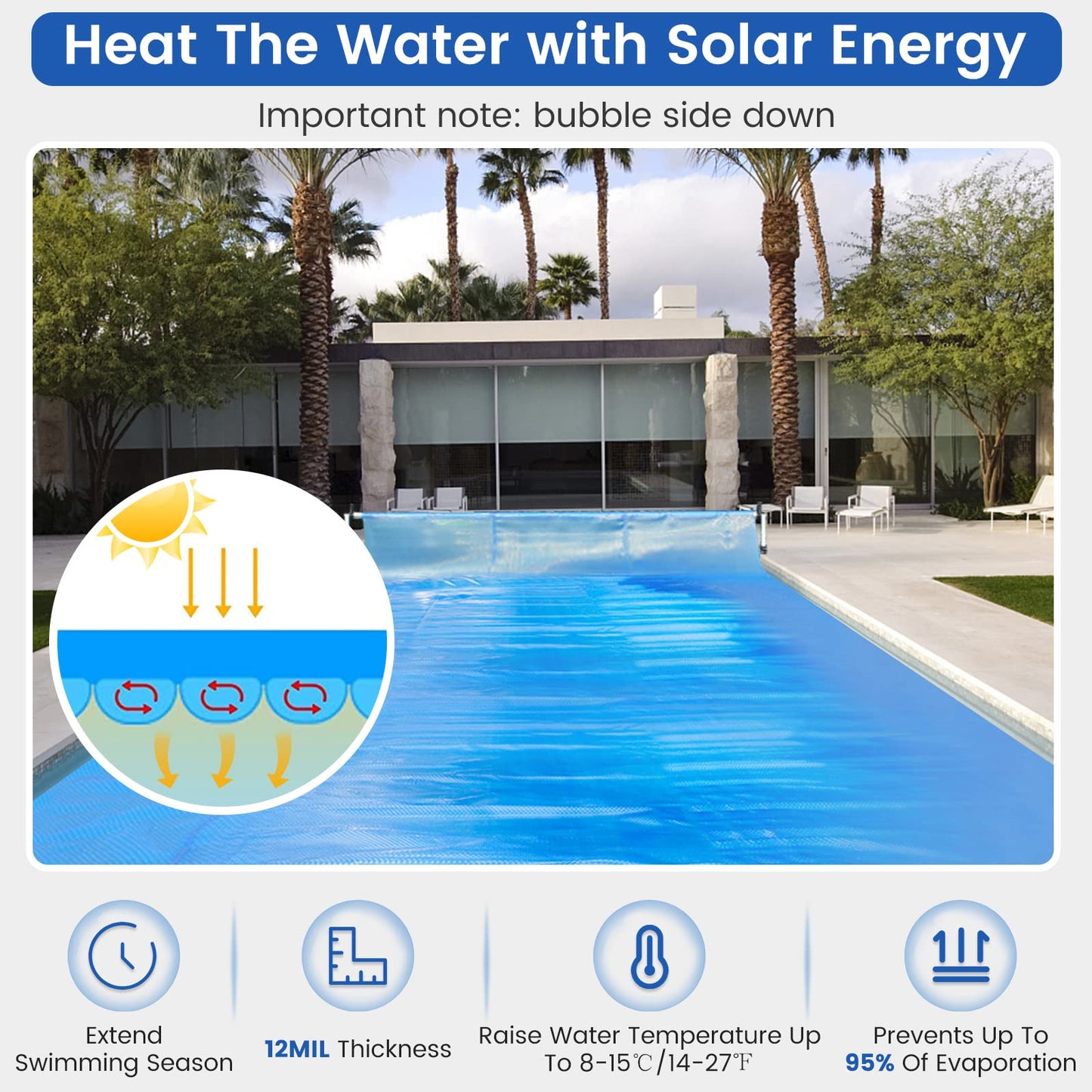 Goplus Pool Cover, 16 x 32 FT Solar Blanket 12 Mil with Carrying Bag for In-Ground and Above-Ground Swimming Pools, Rectangle Hot Tub SPA Thermal Blanket, Blue Bubble