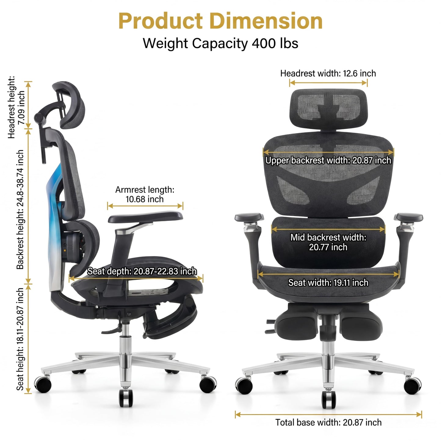 Ergonomic Office Chair with Footrest & Massage Lumbar Support – 4D Headrest & 6D Armrests, Reclining Big and Tall 400LBS Mesh Chair, Adjustable Seat Depth & Back Height, for Home Office/Gaming (Black)