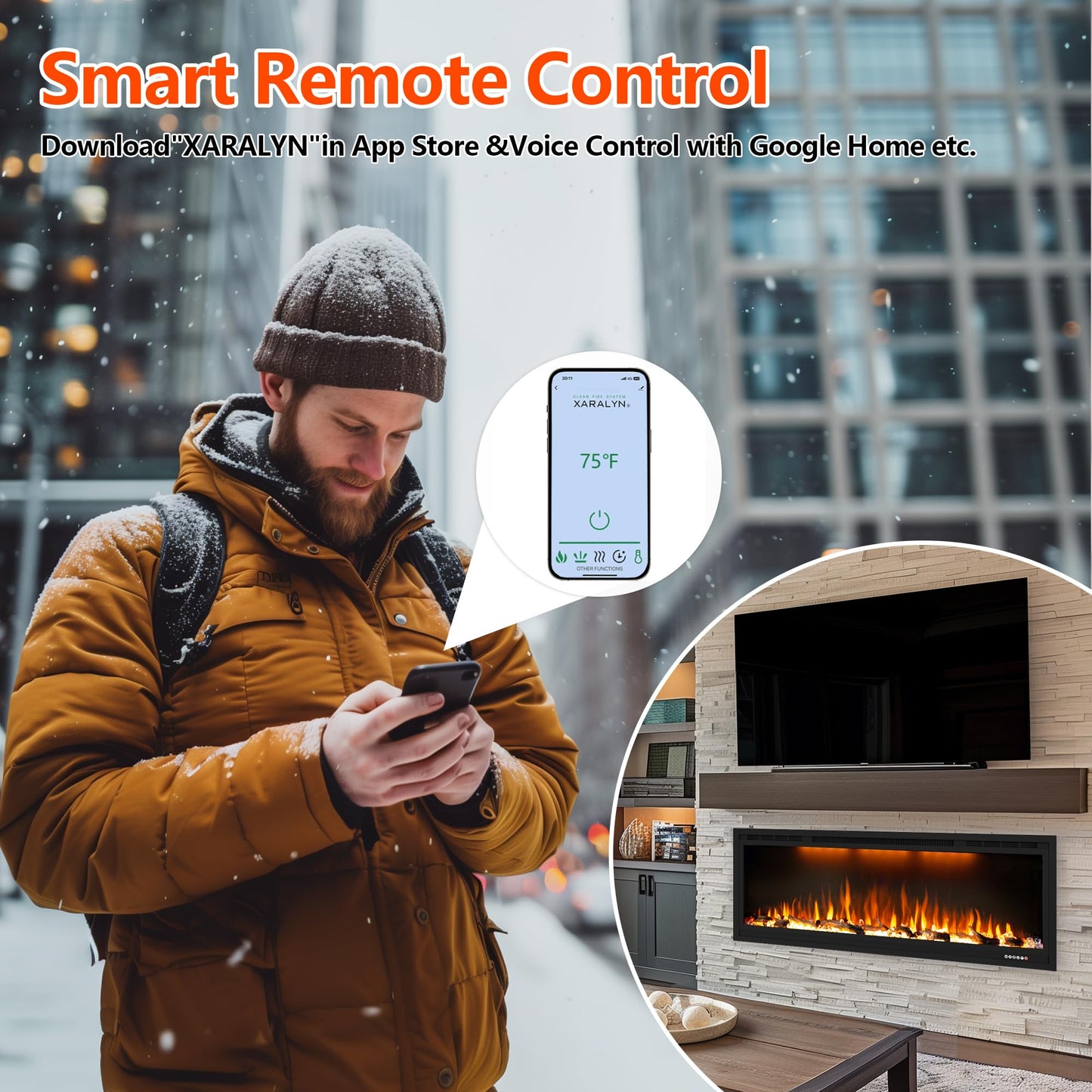 Dreamflame 74 inch Electric Fireplace, Smart Fireplace Insert recessed in Wall and Wall Mounted fire Place Heater with Metal Frame, Multicolor Flame & Realistic logs,Thermostat& Timer, 1500W, Black
