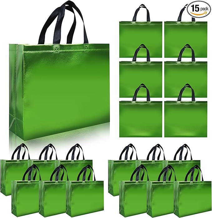 cabzymx Light Green Reusable Gift Bags 15 Pcs, 12.6 x 4.7 x 11 In Non-woven Party Gift Bags Bulk with Sturdy Bases for Birthday, Wedding, Christmas, Holiday