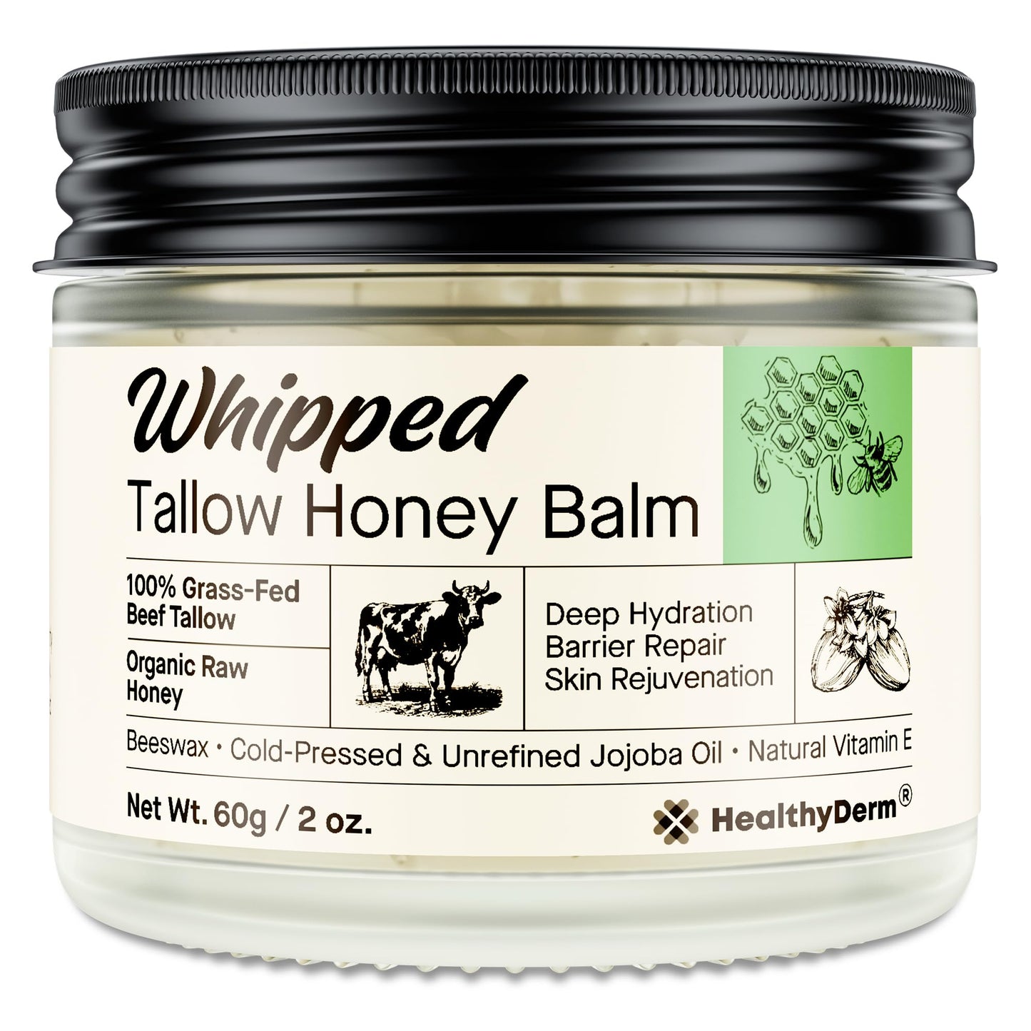 Beef Tallow Honey Balm for Skin: 100% Grass Fed Whipped Organic Moisturizer with Organic Raw Honey, Jojoba Oil, Vitamin E â Natural Face and Body Care for Mature, Dry or Sensitive Skin, 2oz