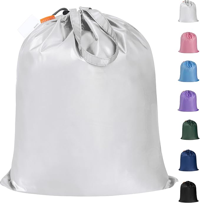 Polecasa Small Heavy Duty Laundry Bag with drawstring closure and Reinforced Handles, Easy to Carry Dirty Clothes Drawstring Bag for Travel, Camp 21âx24â, Silver
