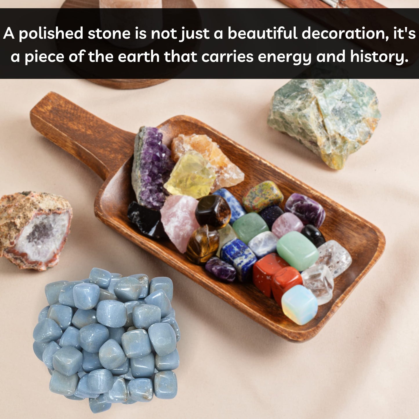Amazing Gemstone Angelite Crystals and Healing Stones Tumbled - 1000+ Cratas, Natural Healing Stones for Energy Balance, Stress Relief - Premium Polished Gems Rocks for Meditation & Wellness