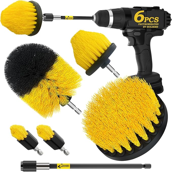 Holikme 6Pack Drill Brush ï¼Extended Long Attachment Set All Purpose for Crevice Cleaning Brush,Bathroom, Grout, Floor, Tub, Shower, Tile, Kitchen and Carï¼Corner