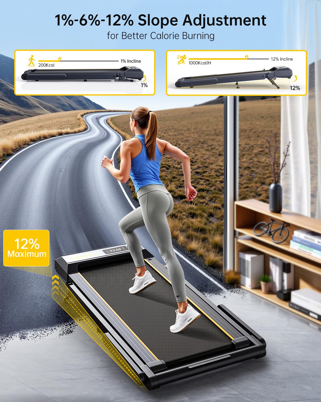 Walking Pad Treadmill with 12% Incline and Handle Bar, 4 in 1 Folding Treadmill for Home/Office, Under Desk Treadmills Portable Walking Pad with App & Bluetooth Speaker, 0.6-10MPH