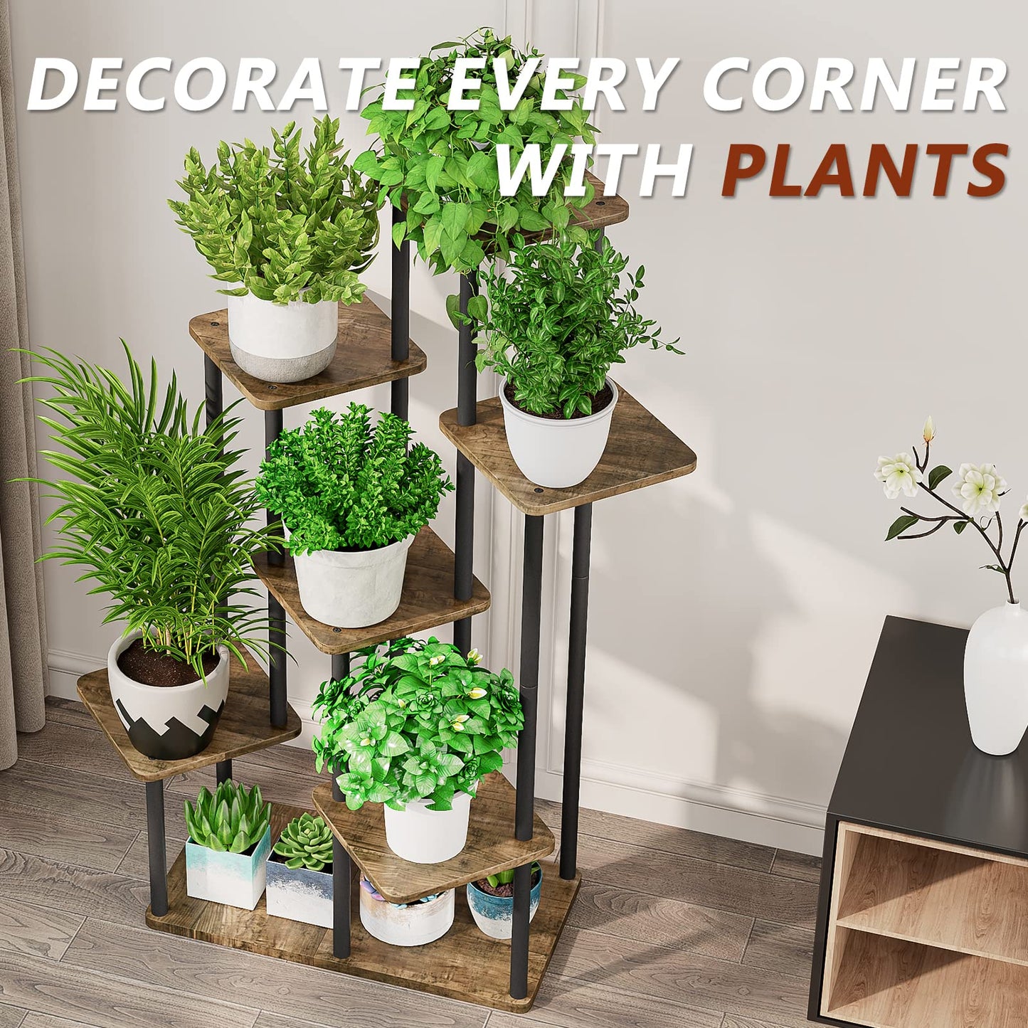 AZERPIAN Plant Stand 7 Tier Indoor Metal Flower Shelf for Multiple Plants Corner Tall Flower Holders for Patio Garden Living Room Balcony Bedroom, Black (7 Tier-Black)