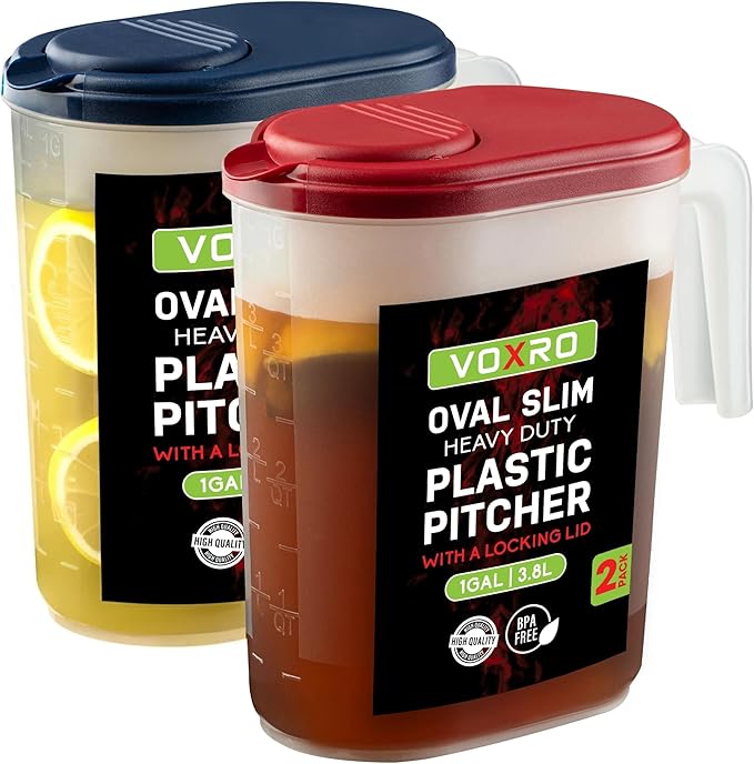 2-Pack Oval Slim Plastic Pitchers With Lids â 1 Gallon, Flip-Top Pivot Spout, Well-Gripped Handle, Water Jug, With Measuring Option, Ideal for Water, Juice & Iced Tea (Blue & Red) BPA Free