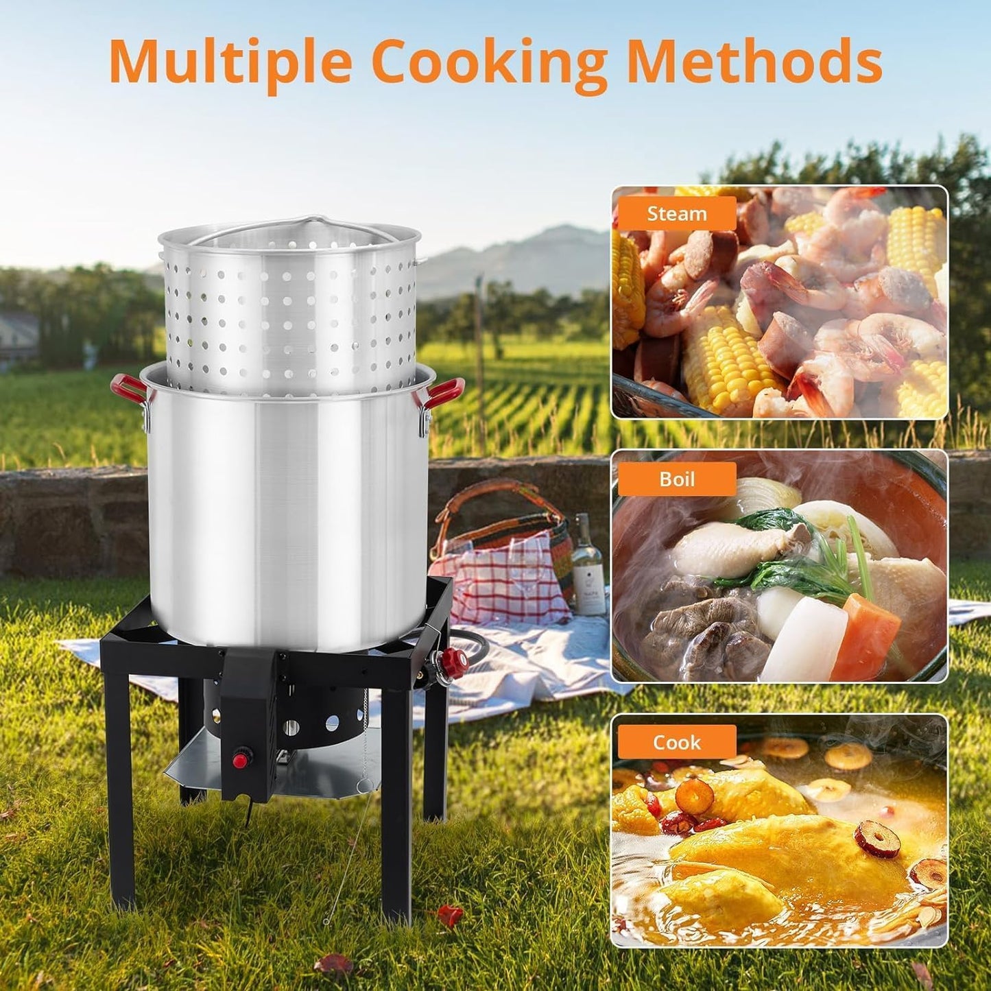 80-Quart Aluminum Seafood Boil Pot Kit with Steam/Boil Basket & Strainer, 110,000 BTU Propane Jet Burner & Lifting Hook, 10 PSI Regulator, Outdoor Crawfish, Shrimp, Crab Boiler and Fryer Combo