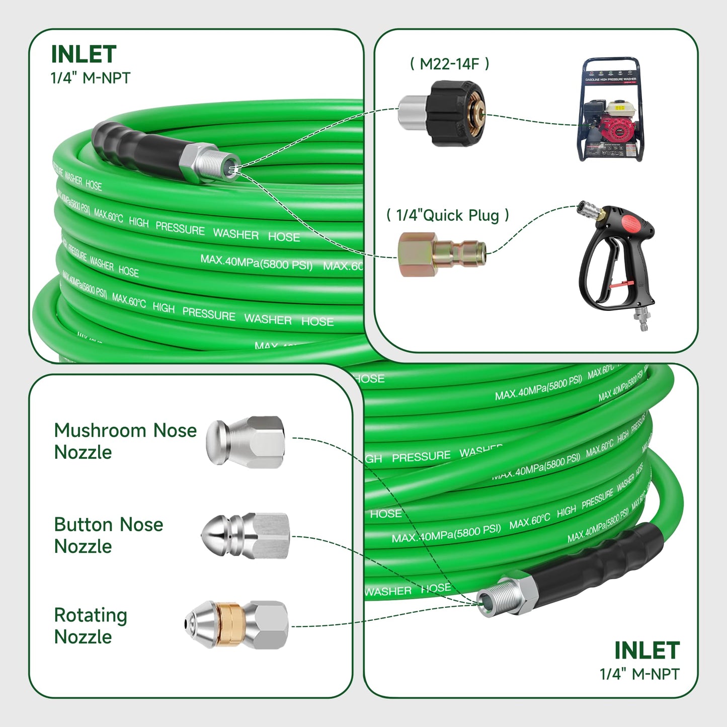 ClearRush Sewer Jetter Kit for Pressure Washer 100FT – 5800PSI High-Pressure Drain Cleaner, M22 & 1/4'' NPT Universal Fit, Unclog Gutters & Sewer Lines, Durable Jetter Hose for Homeowners & DIYers