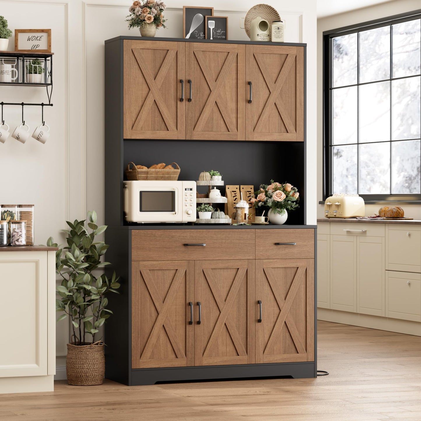 HOSTACK 71" Pantry Cabinet with Charging Station, Tall Kitchen Pantry Storage Cabinet with Microwave Stand, Farmhouse Kitchen Hutch with Storage Drawers for Living Room, Dining Room, Brown/Black