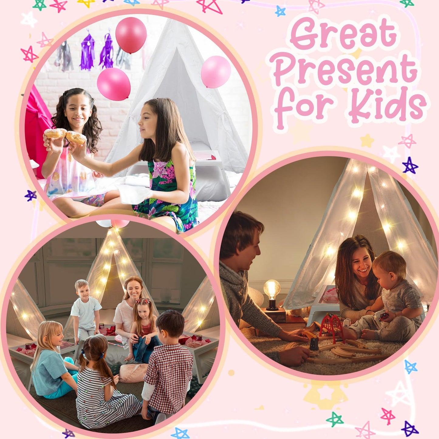 Lemosae 6 Pack Sleepovers Teepee Tent for Kids Bulk with Mattress Sheet Light,Natural Cotton Washable Indoor Play Tent for Birthday Slumber Party Girls Boys Pajama Movie Night Supplies(White)