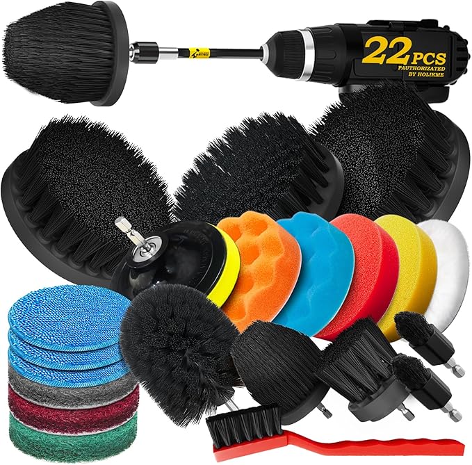 Holikme 22Pack Drill Brush Attachments Set, Scrub Pads & Sponge, Buffing Pads, Power Scrubber Brush, Car Polishing Pad Kit,Wax Applicator Pad,Car Cleaning Kitï¼Cleaning Suppliesï¼Masonry Brushes,Black