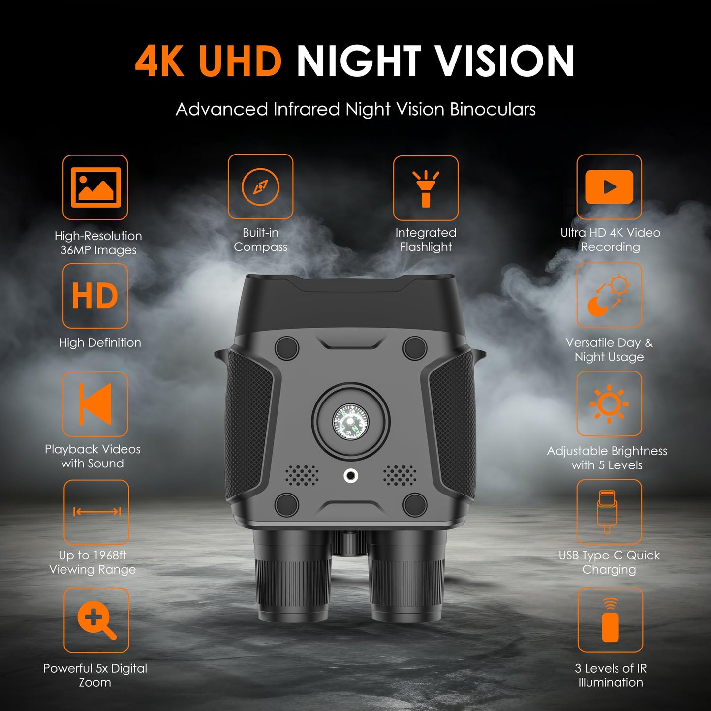 RexingUSA B1 Compass Night Vision Binoculars – 4K Ultra HD, Integrated Compass, Flashlight, Weather Resistant, IR Night Vision, 5X Digital Zoom, Video Recording, and Photos