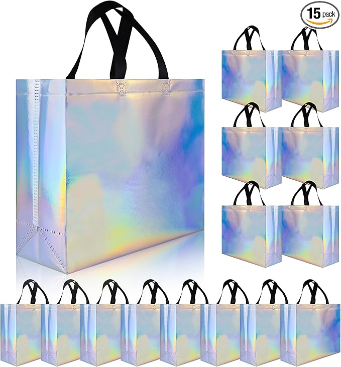 cabzymx Glossy Iridescent Gift Bags 15 Pcs, 12.6x4.7x11 In Reusable Goodie Bags Bulk with Handles & Sturdy Base, Christmas Gift Bags for Birthday, Wedding, Holiday, Party,Thanksgiving