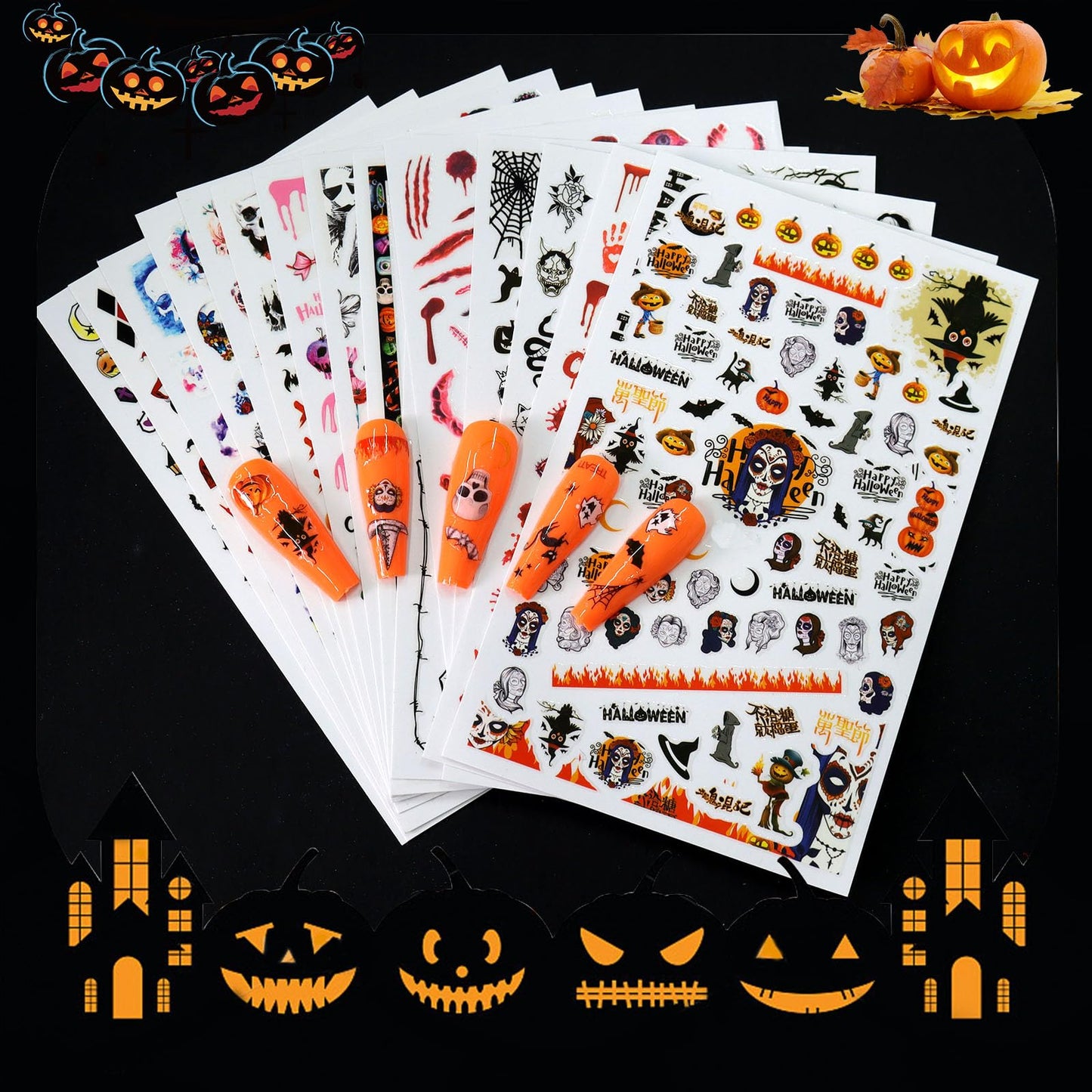 SIUSIO 15 Sheets Halloween Nail Art Stickers Cute Pumpkin Skull Ghost Party Theme 3D Self-Adhesive Horror Witchy Bat Poker Blood Nail Decals Nail Supplies DIY Nail Stickers for Women Girls Kids Decor