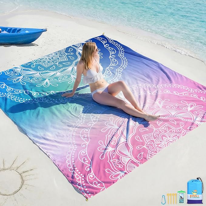 BYDOLL Beach Blanket 78''X110'' Waterproof Sandproof Suits1-7 Adults Oversized Lightweight Large Blanket Picnic Mat for Beach Sand Free Travel Camping Hiking Picnic