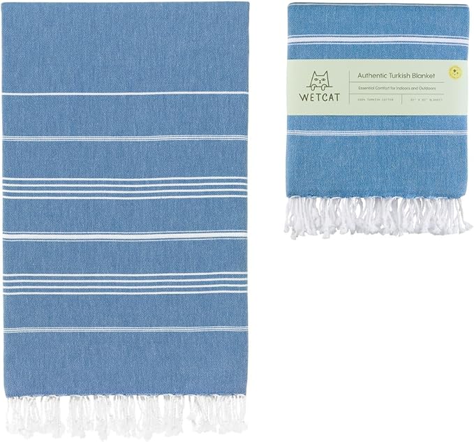 WETCAT Turkish Beach Blanket Sandproof (82"x82") 100% Turkish Cotton, Made in Turkey - Sand Free, Ultra Soft, Extra Large Throw for Picnic â Blue