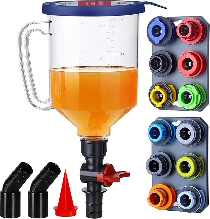 SMART JERRY - Spill-Proof Engine Oil Funnel Kitï½Oil Change Funnel w/ 12 Adapters & 2 Magnetic Adapter Organizer Boardsï½Transparent Body w/Scale & Shut-Off Valveï½Universal Fit