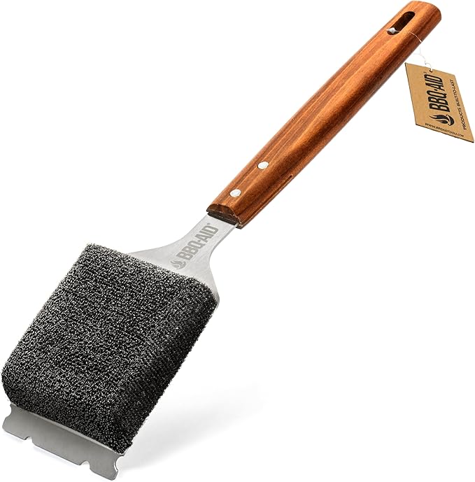 BBQ-AID Bristle Free Grill Brush and Scraper for Barbecue - Extended Large Wooden Handle with Replaceable Head - No Scratch BBQ Cleaning Accessories for Outdoor Grills