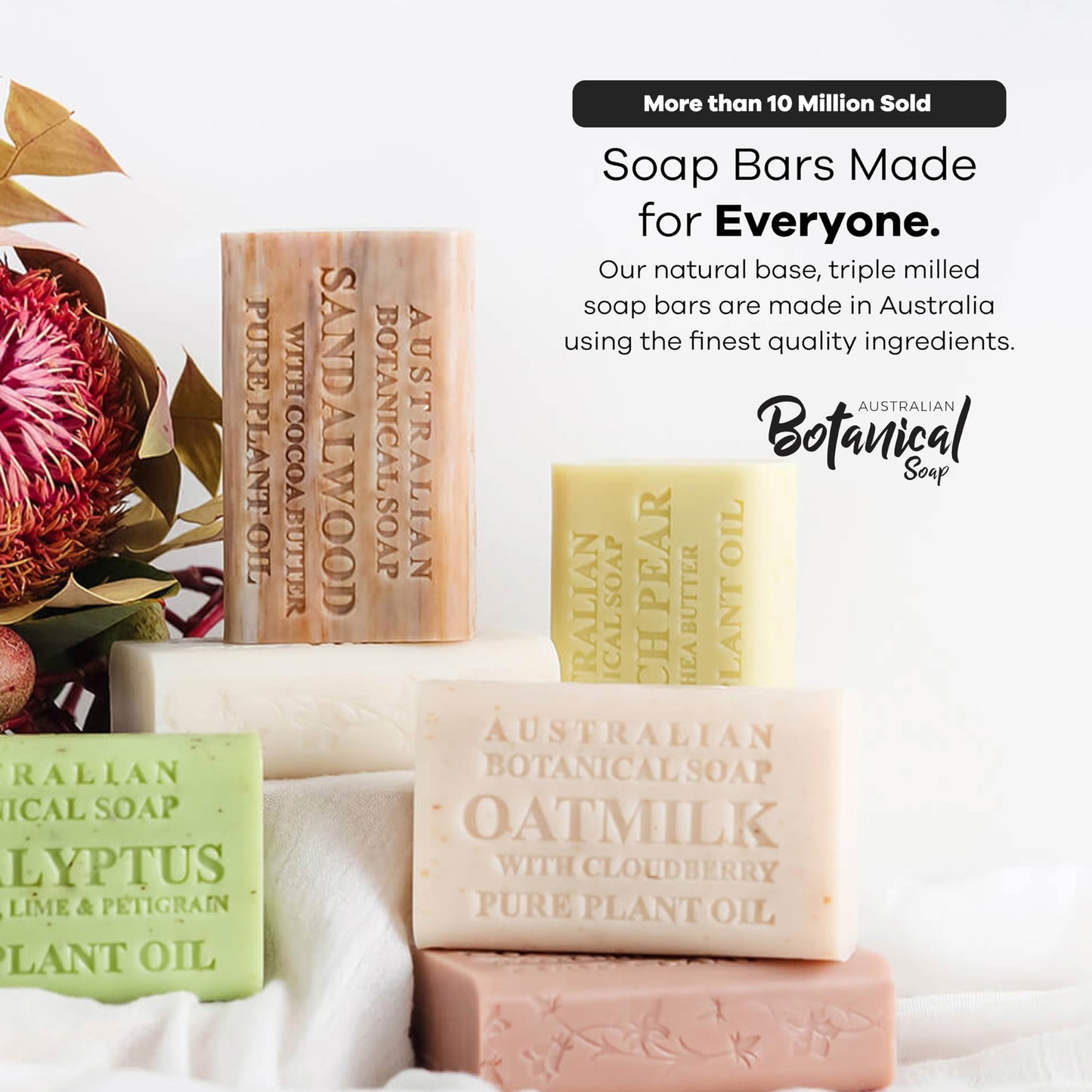 Australian Botanical Soap Sandalwood with Cocoa Butter – Triple Milled 6.6 oz Bar Soap with Shea Butter, Face Hand & Body Soap Bars, Pack of 6