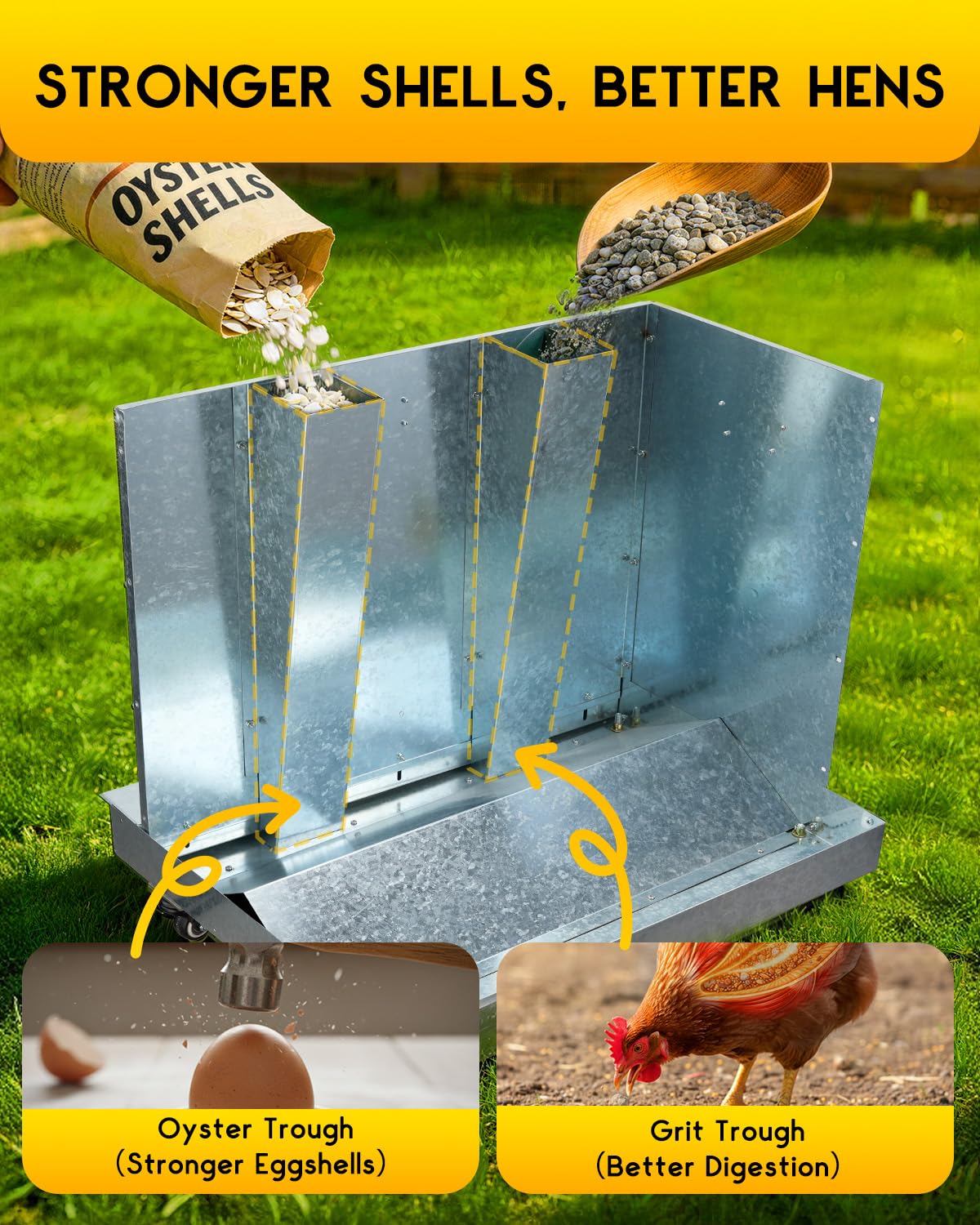 Magicfly Metal Chicken Feeder with Wheels, 85-120LBS Automatic Large Capacity Chicken Feeders No Waste Poultry Feeder with Oyster & Grit Trough, Latch & Handle for Ducks, Turkeys & Chickens