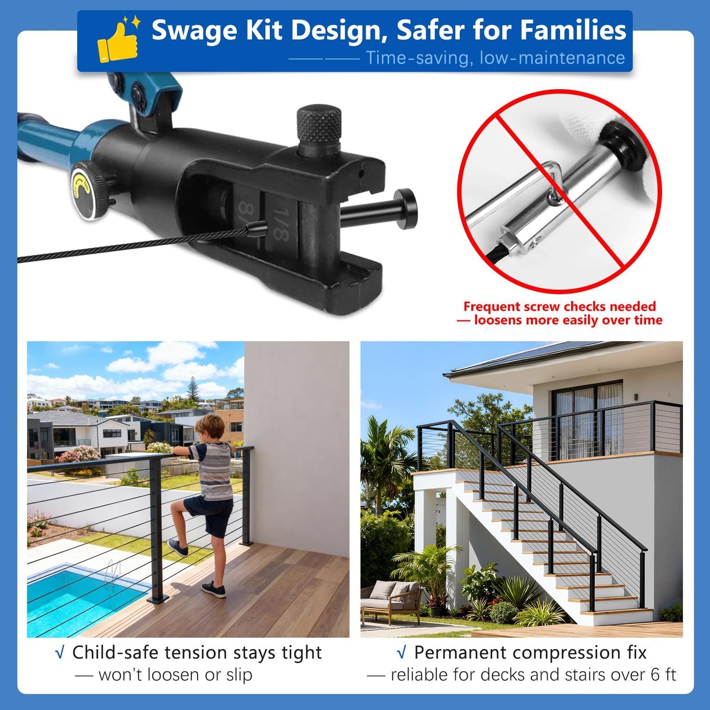 Zylorix 4ft-8ft Complete Set 33° Drilled Cable Railing System 42" with Handrail Cuttable, T304 Stainless Steel Black Angle Cable Railing Posts Kit with 1/8" Cable Railing Hardware for 28-38° Step