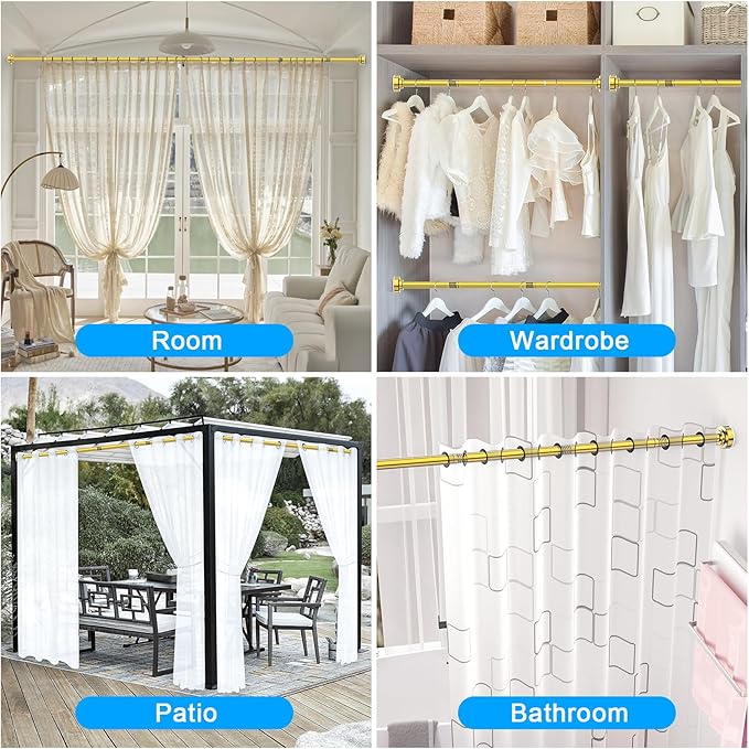 TEECK Shower Curtain Rod, 32-104 inch Adjustable Spring Tension Curtain Rod, Never Rust Anti-Slip Shower Curtain Rod for Bathroom, No Drilling, Never Collapse, Easy to Use, Gold