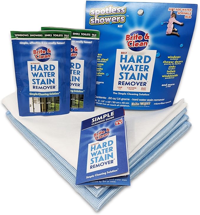 Brite & Clean® Spotless Shower Doors® Kit for Hard Water Stain Removal on Glass, Shower Doors & Windows â Removes Mineral Deposits from Granite, Porcelain, Tile, Stainless Steel & Chrome too